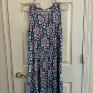 LOFT Sleeveless Midi Dress - Blue and Red Pattern